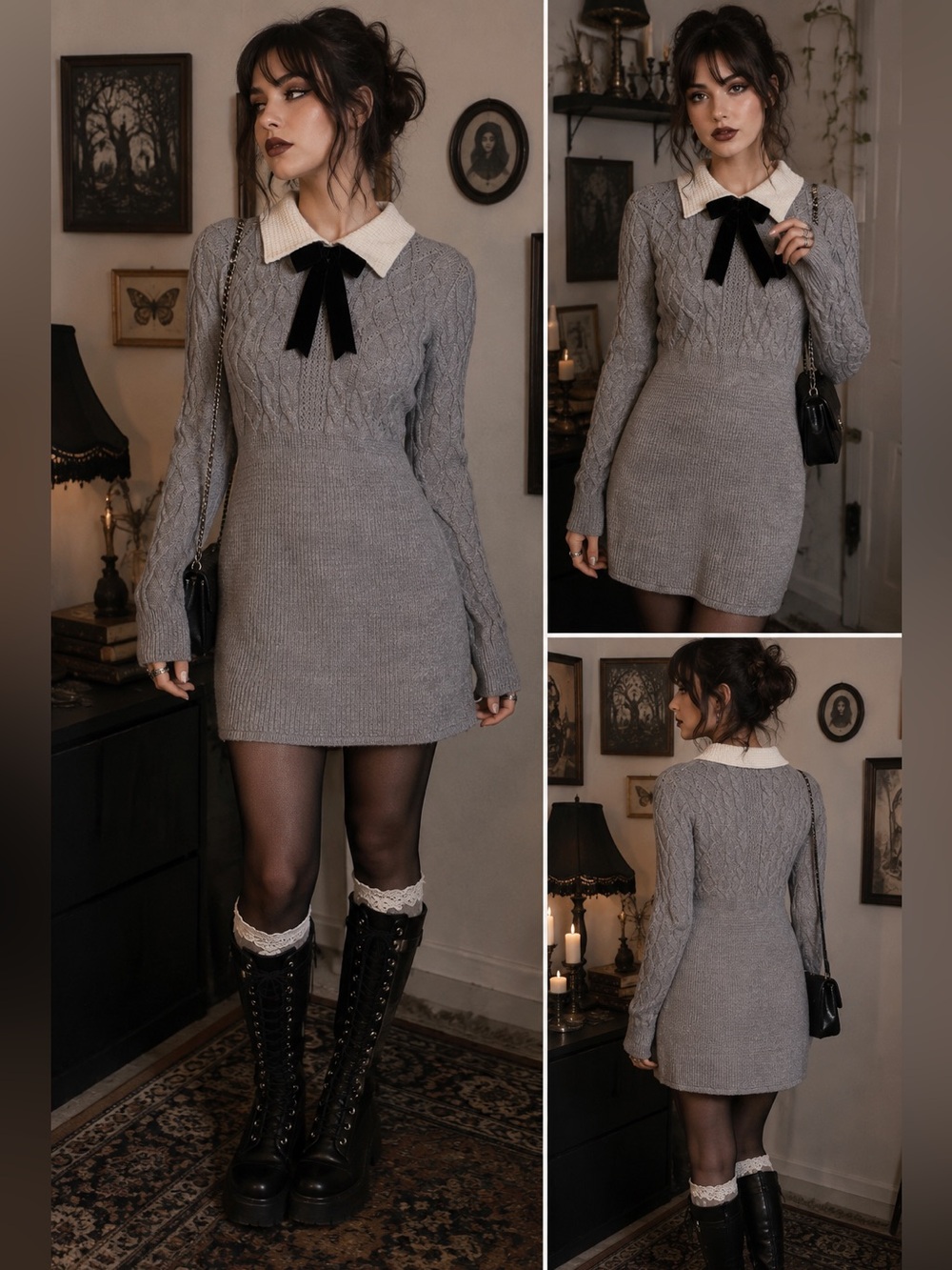 Gorgeous Goth Gray Cable-Knit Sweater Dress with Black Velvet Bow 🖤🍂
